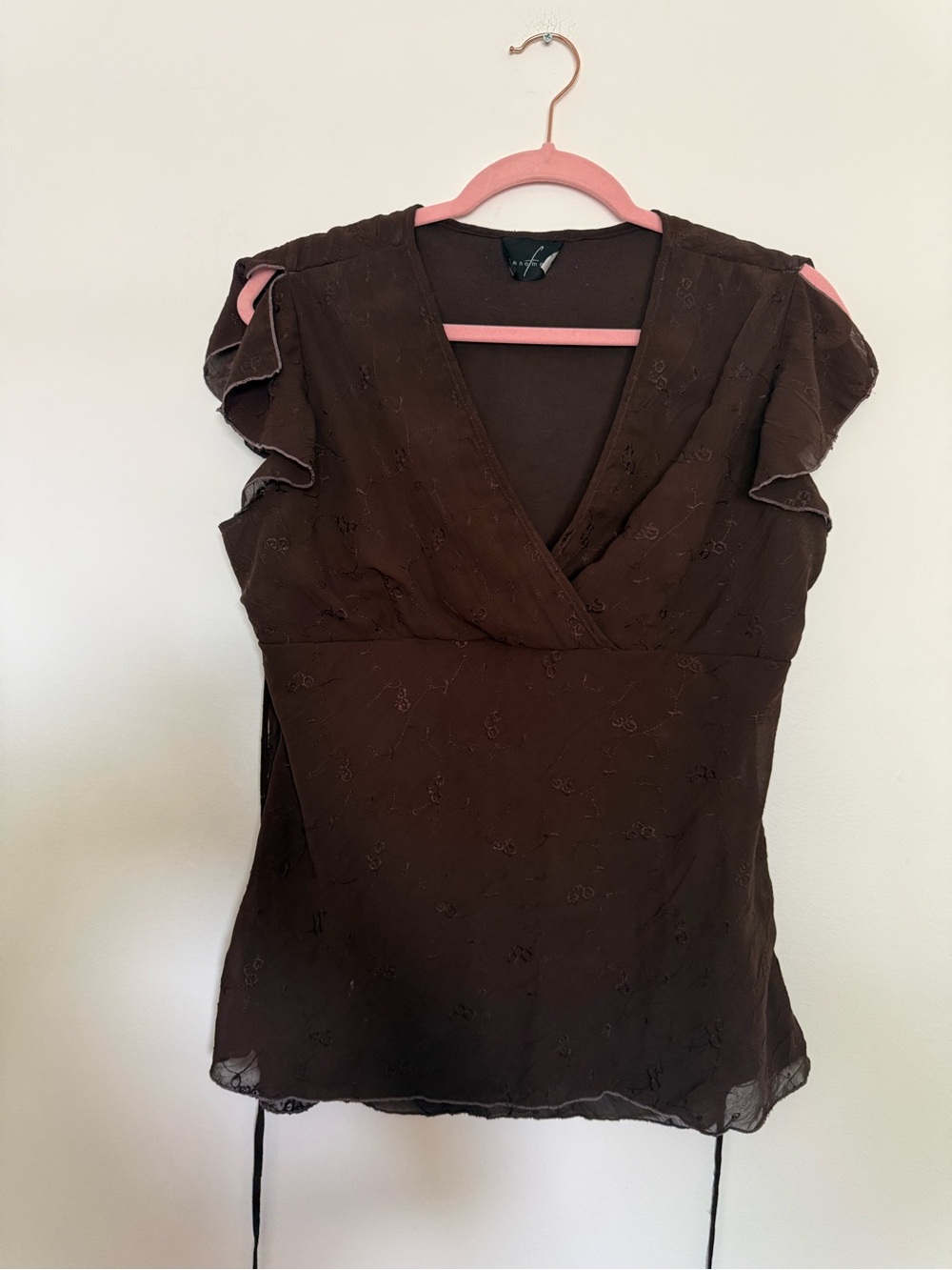 Brown babydoll surplice neckline top with embroidery